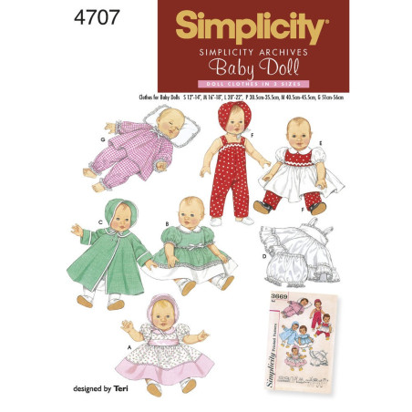 Dukktøj i 3 størrelser vintage snitmønster simplicity 4707