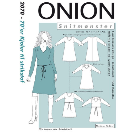 70èr kjole til strikstof  retro kjole Onion snitmønster