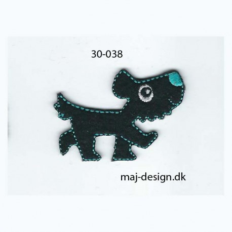 Hund sort/turkis 5x3,5 cm strygemærke