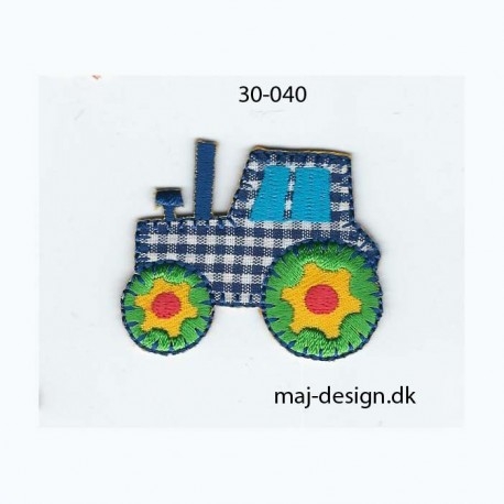 Traktor ternet blå/hvid 5x4 cm strygemærke