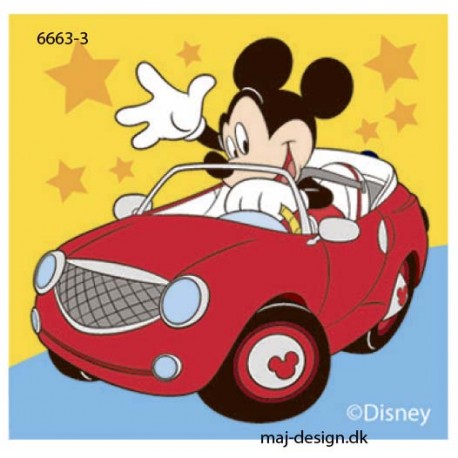 Mickey Mouse i bil printet strygemærke 7x7 cm