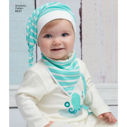 Babyhue m/sløjfe , tørklæde og tæppe snitmønste Simplicity 8537r