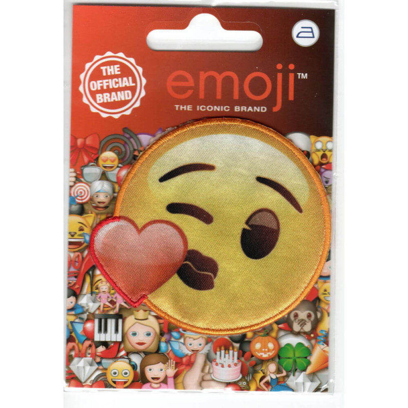 Emoji Smiley Kys strygemærke – rund patch Ø 6,5 cm med hjerte og kysmotiv