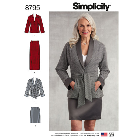 Jakke m/bindebælte og nederdel  også plusmode snitmønster simplicity 8795