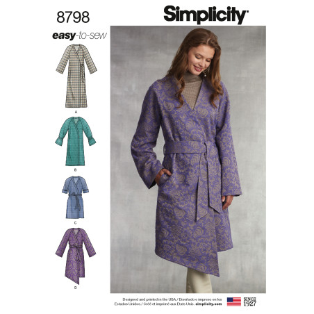 Frakke m/bælte  asymetrisk forstykke også plusmode snitmønster simplicity 8798
