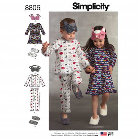 Pyjamas natkjole og hjemmesko børnetøj snitmønster Simplicity 8806