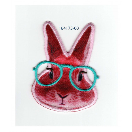 Lyserød Kanin med briller Broderet strygemærke 7 x 5,5 cm
