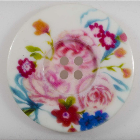 Knap 4-hul Hvid m/blomster 50 mm