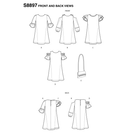 Pigekjole m/åben skulder og taske  snitmønster Snitmønstre 8897