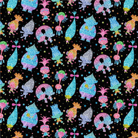 Trolls  Jersey  sort  med neon farver  Digital print metervare