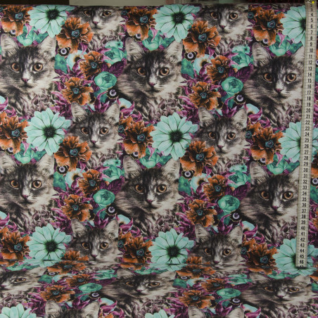 Kat m/turkis blomst Digital print metervare 95 % Bomuld 5% Lycra