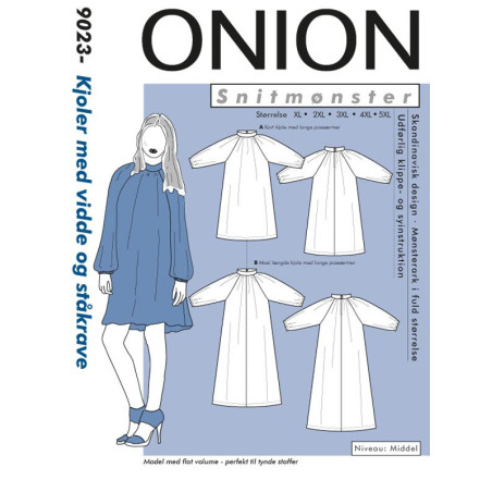 Kjole m/vidde og ståkrave plusmode Onion snitmønster 9023