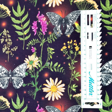 Sommerfugle og blomster jersey metervare