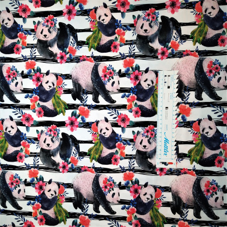 Panda med blomster og striber  metervare