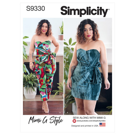 Jumpsuit og kjole stropløs også plusmode snitmønster Simplicity 9330