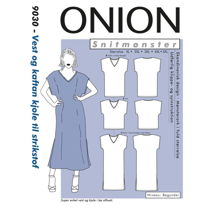 Vest og kaftan kjole Onion plusmode snitmønster 9030