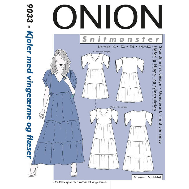 Kjole m/vingeærme og flæse plusmode Onion snitmønster 9033