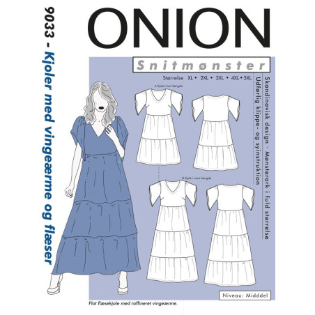 Kjole m/vingeærme og flæse plusmode Onion snitmønster 9033