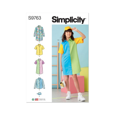 Pigetøj skjortekjole og kasket Simplicity snitmønster 9763 A