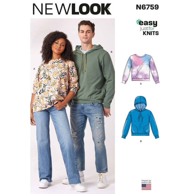 Hættetrøje Herre/dame New Look snitmønster 6759 Hættetrøje Herre/dame New Look snitmønster 6759