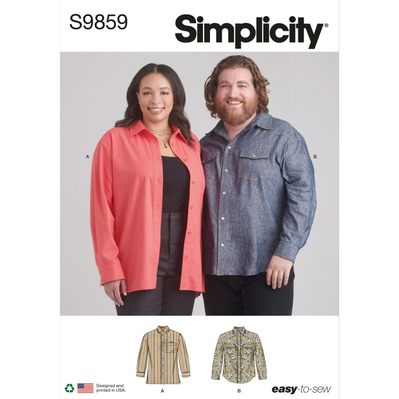 Unisex skjorte ham/hende plusmode  Simplicity snitmønster S9859 easy