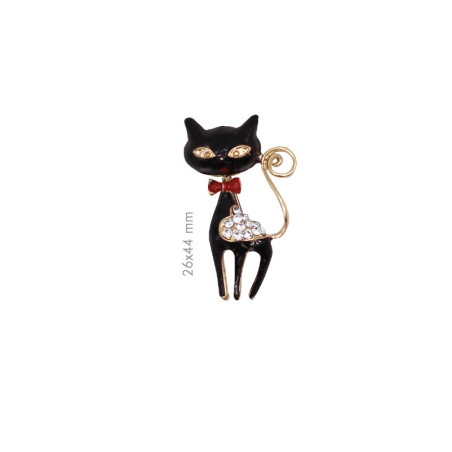 Sort kat m/hjerte Broche 4 x 2,5 cm