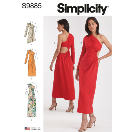 Kjole m/et ærme og åben side også plusmode Simplicity snitmønster 9885