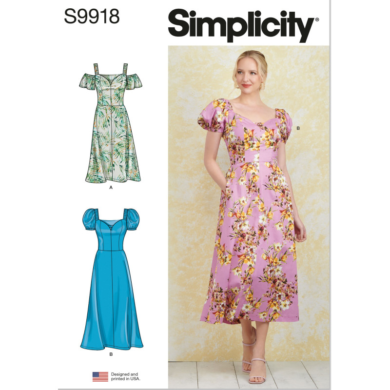 Kjole m/åben skulder og lommer Simplicity snitmønster 9918