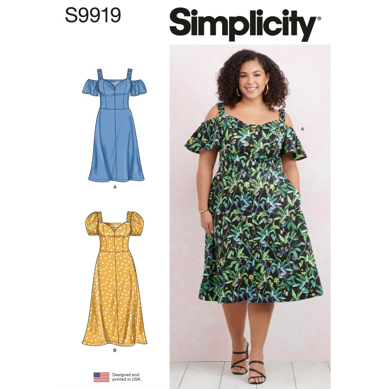 Kjole m/åben skulder og lommer plusmode  Simplicity snitmønster 9919