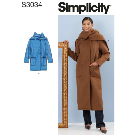 Frakke  m/store lommer og tørklæde Simplicity snitmønster S 3034