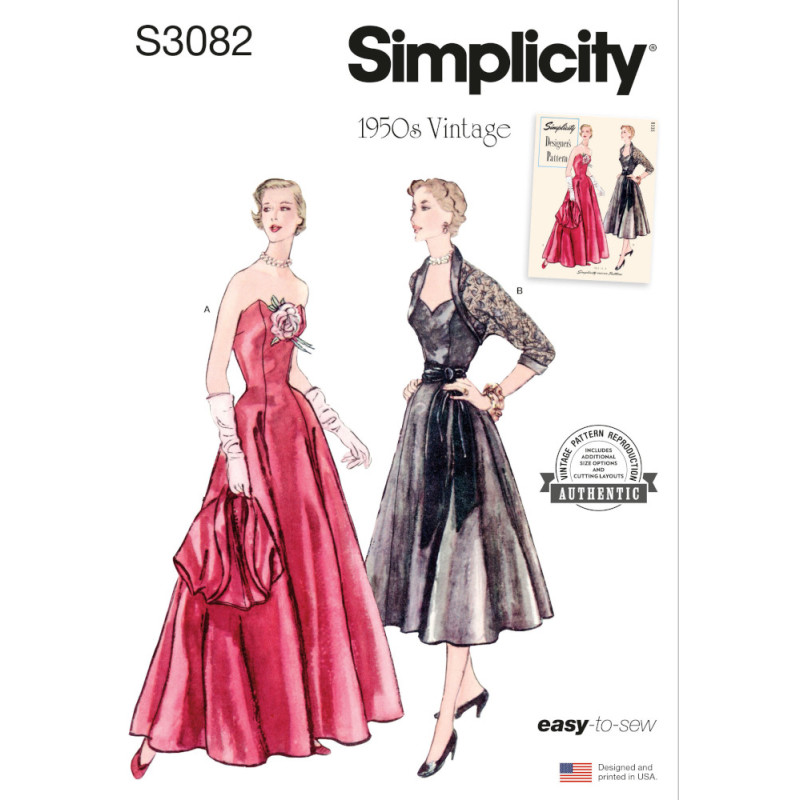 1950ér kjole og bolero Simplicity snitmønster S3082 1950ér kjole og bolero Simplicity snitmønster S3082