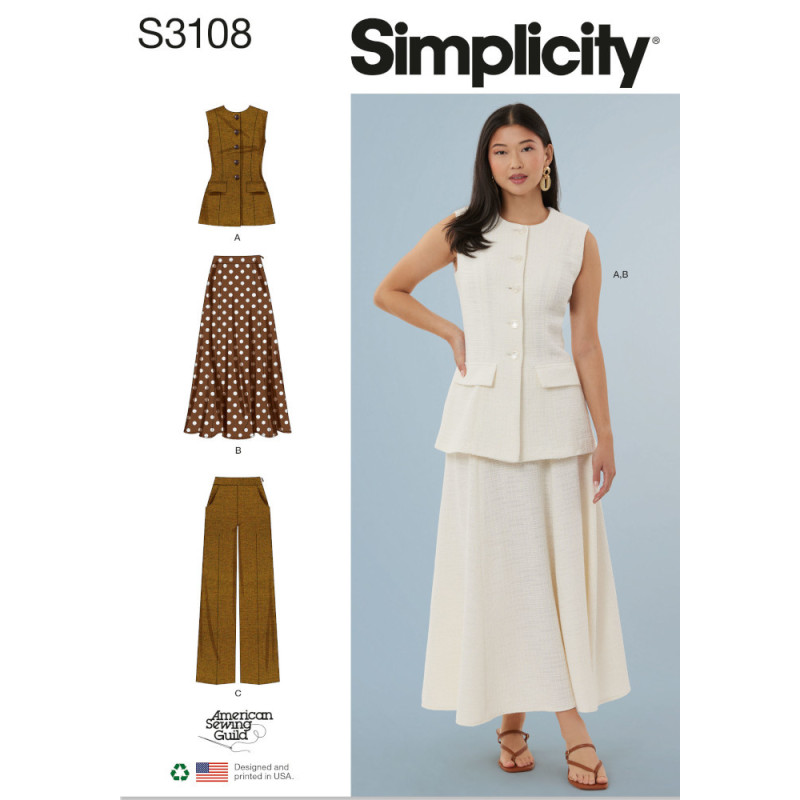 Lang figursyet vest bukser og nederdel Simplicity snitmønster S3108