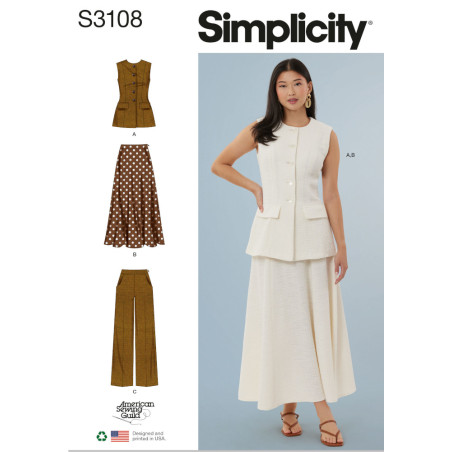 Lang figursyet vest bukser og nederdel Simplicity snitmønster S3108