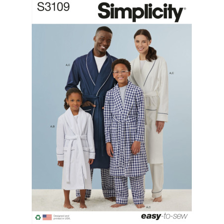 Badekåbe og pyjamasbukser til hele familien Simplicity snitmønster S3109