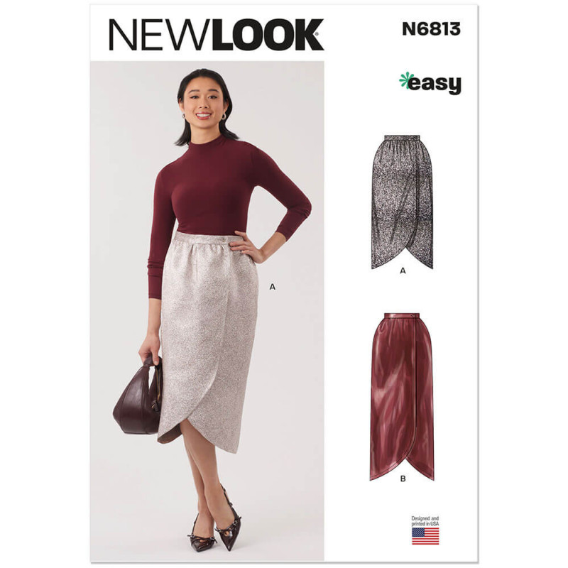 New Look N6813 snitmønster – omslagsnederdel i to længder, forside med modelbillede og designvisning.