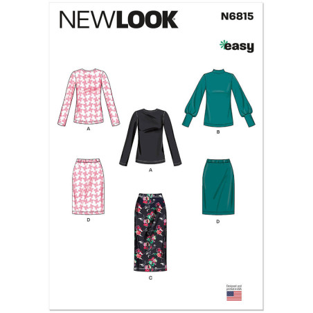 New Look N6814 snitmønster – forside med modelbillede af bluse og nederdel i strækstof.