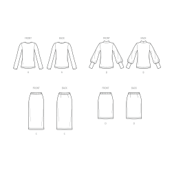 snitmonster-strikbluse-nederdel.jpg
Teknisk stregtegning af New Look N6814 – viser bluse og nederdel i to længder i strækstof.