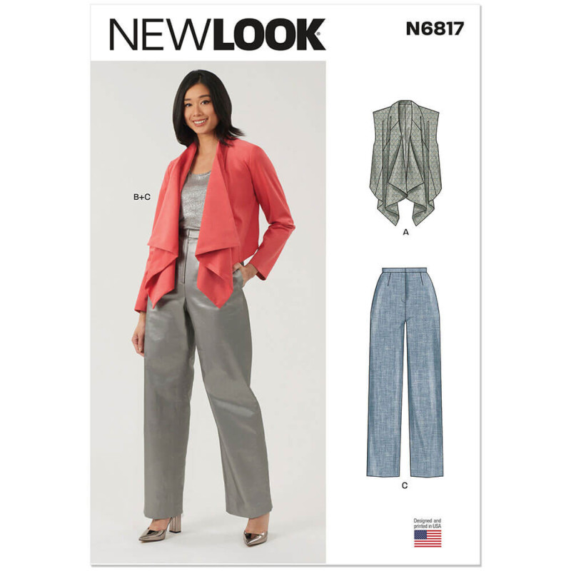 New Look N6817 snitmønster – forside med modelbillede af vest, jakke og bukser med draperet forstykke.