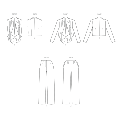 Teknisk stregtegning af New Look N6817 – viser vest, jakke og bukser med draperet forstykke.