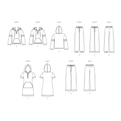 Teknisk stregtegning af New Look N6818 – viser hættetrøje, bukser og kjole i strik, unisex.