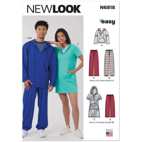 New Look N6818 snitmønster – forside med modelbillede af hættetrøje, bukser og kjole i strik (unisex).