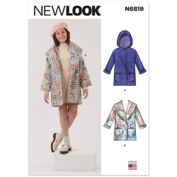 New Look N6819 snitmønster – forside med modelbillede af foret frakke til piger med hætte eller sjalskrave.