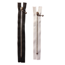 Ikke delbar metal lynlås med kuglestang i hvid og sort – 15, 18 og 20 cm