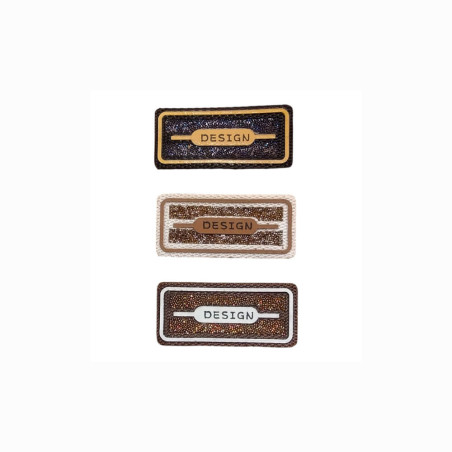 Strygemærker med design og glimmer – tre farver: blå/sort, hvid/beige og brun/hvid