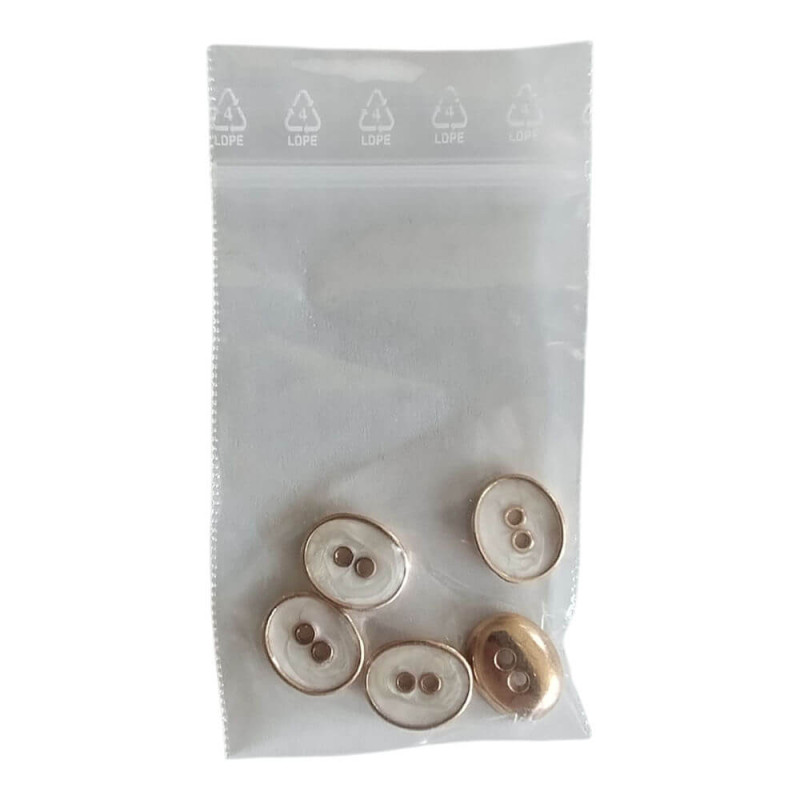 Oval perlemor knap 10×12 mm med guldkant og 2 huller – pakket med 5 stk.