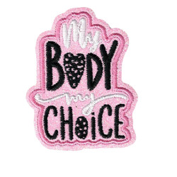 My Body My Choice strygemærke – pink baggrund, sort tekst, broderet og med glimmer
