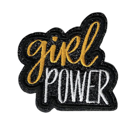 Strygemærke til tøj, Girl Power strygemærke 6,5×6,5 cm – sort, guld og hvid brodering med glimmer