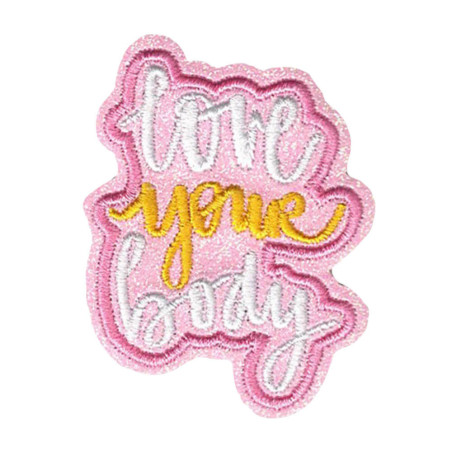 Broderet glimmer strygemærke med teksten “Love Your Body” – 7,5x5,5 cm