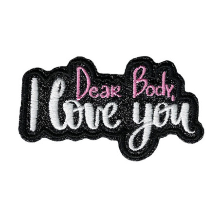 Broderet glimmer strygemærke med teksten “Dear Body, I Love You” – 5x9 cm