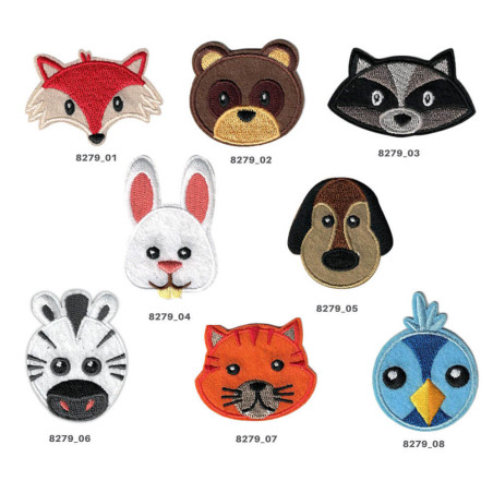 Sæt med 8 dyrehoveder strygemærker til tøj – broderet & selvklæbende